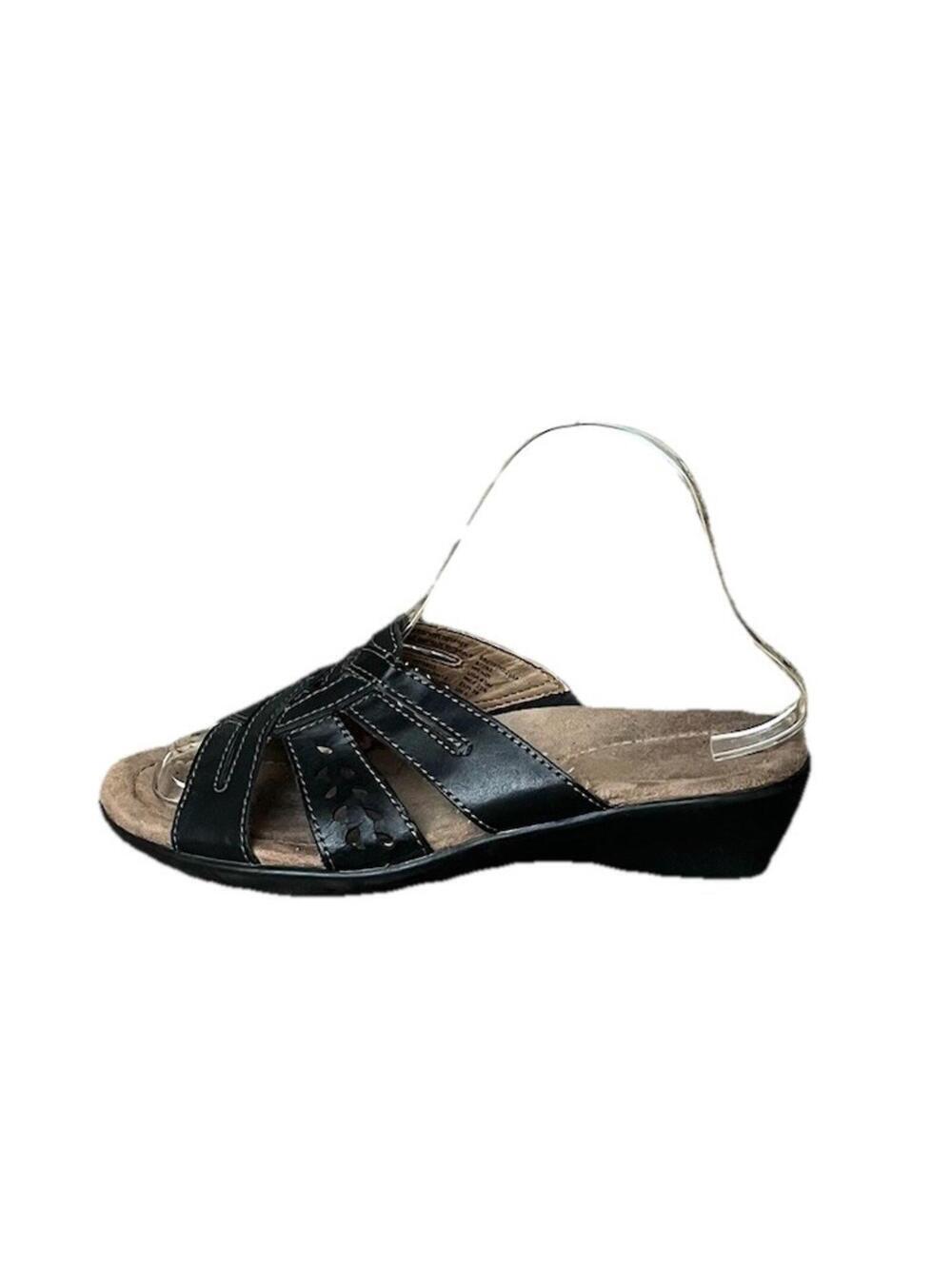 Thom McAn Wendi Sandals Womens 6.5 Black Leather Comfort Low Wedge Slip On Casua